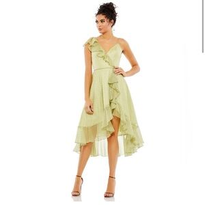 MAC DUGGAL 70163 GOLD POLKA DOT V NECK RUFFLED FAUX WRAP HI LOW MIDI DRESS